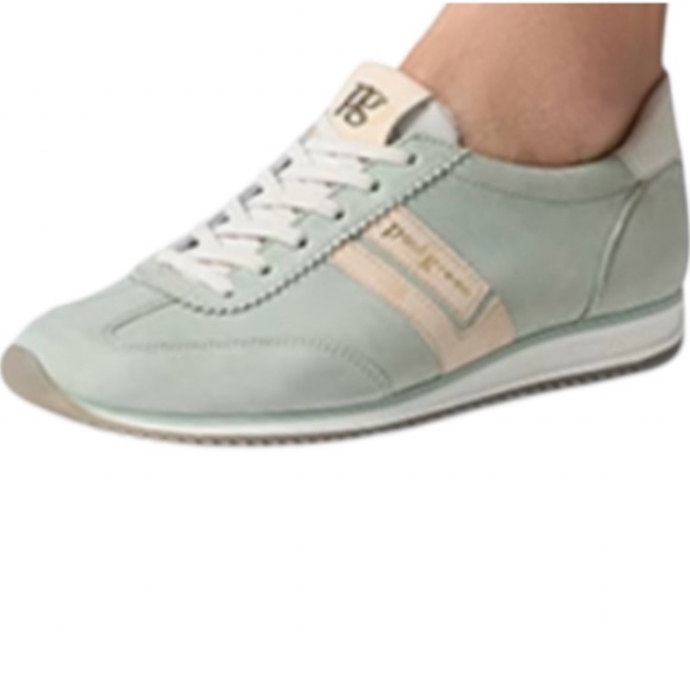 Leather Sneaker. Color: Green cream combo suede leather Women’s US sizes - Picture 2 of 3
